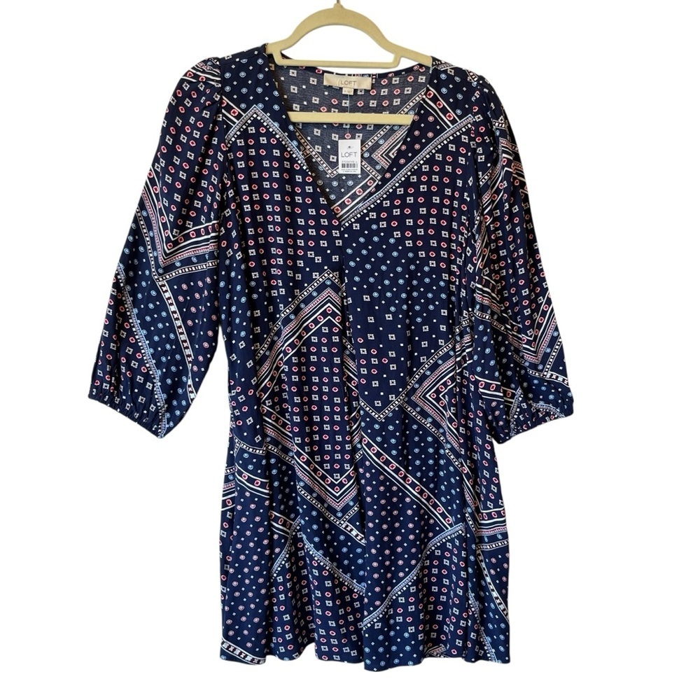 Ann Taylor Loft swing dress Medium NWT Blue red white V-neck 3/4 sleeves womens
